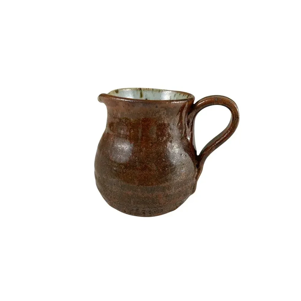 Stoneware Pottery Pitcher Small Hand Thrown Brown Gray Speckled Glaze Signed SB